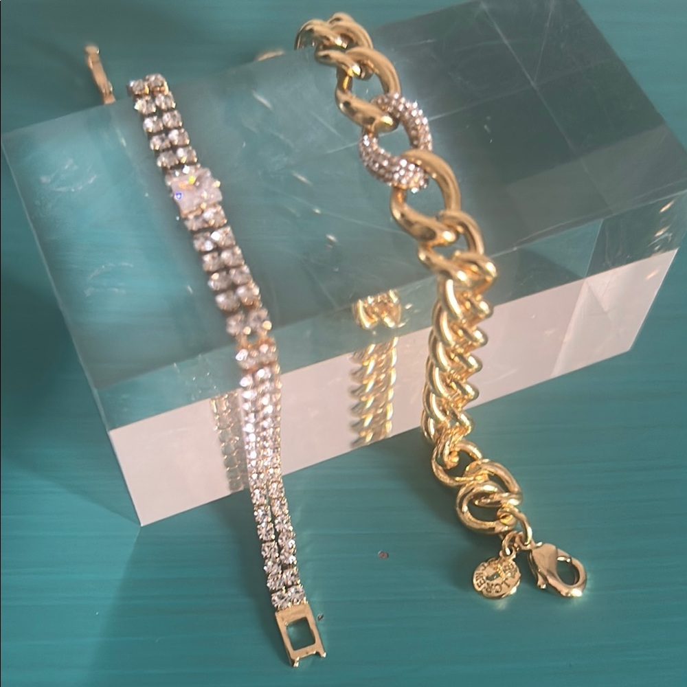Set J. Crew Gold Tone Link Pavé Crystals and Double Row Crystal Tennis Bracelet